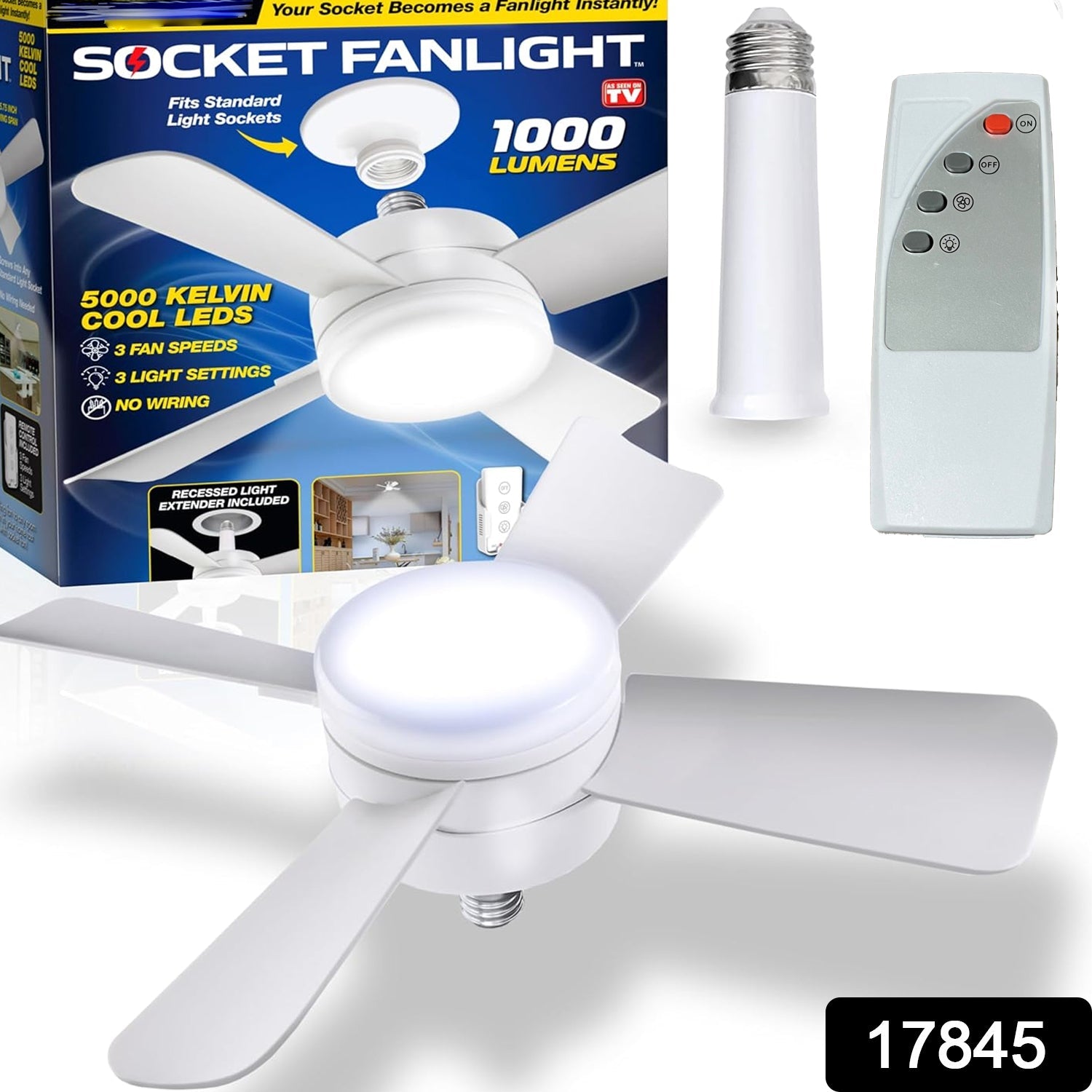 17845 Socket Fan Light Original - Cool Light LED โ Ceiling Fans with Lights and Remote Control, Replacement for Lightbulb - Bedroom, Kitchen, Living Room,1000 Lumens / 5000 Kelvins Cool LEDs (Remote Battery Not Included) 17845 Socket Fan Light Original - Cool Light LED โ Ceiling Fans with Lights and Remote Control, Replacement for Lightbulb - Bedroom, Kitchen, Living Room,1000 Lumens / 5000 Kelvins Cool LEDs (Remote Battery Not Included)